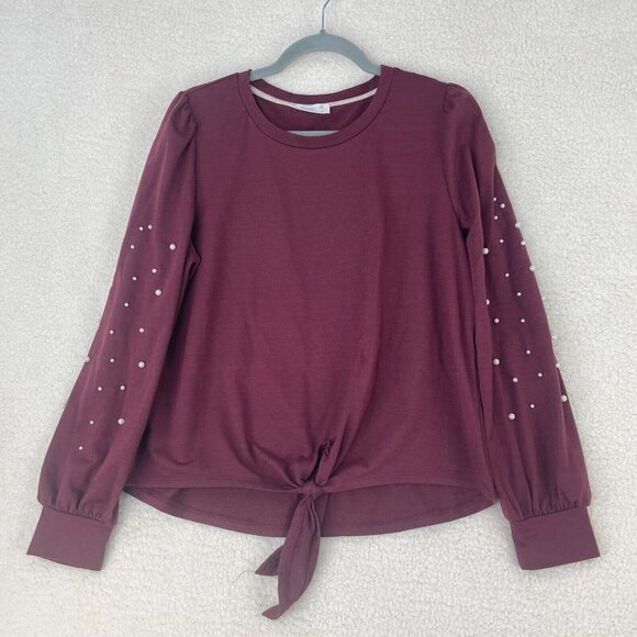 Skonhet Women's‎ Burgundy Long Sleeve Tie Front Embellished Shirt Size Large - Picture 1 of 8